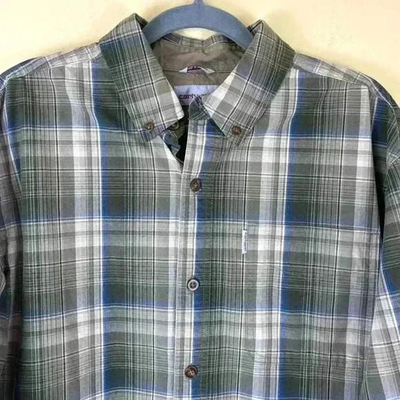 CARHARTT Green Plaid Durable 100% Cotton Long Sleeve Button Down Shirt Size L - Picture 4 of 14